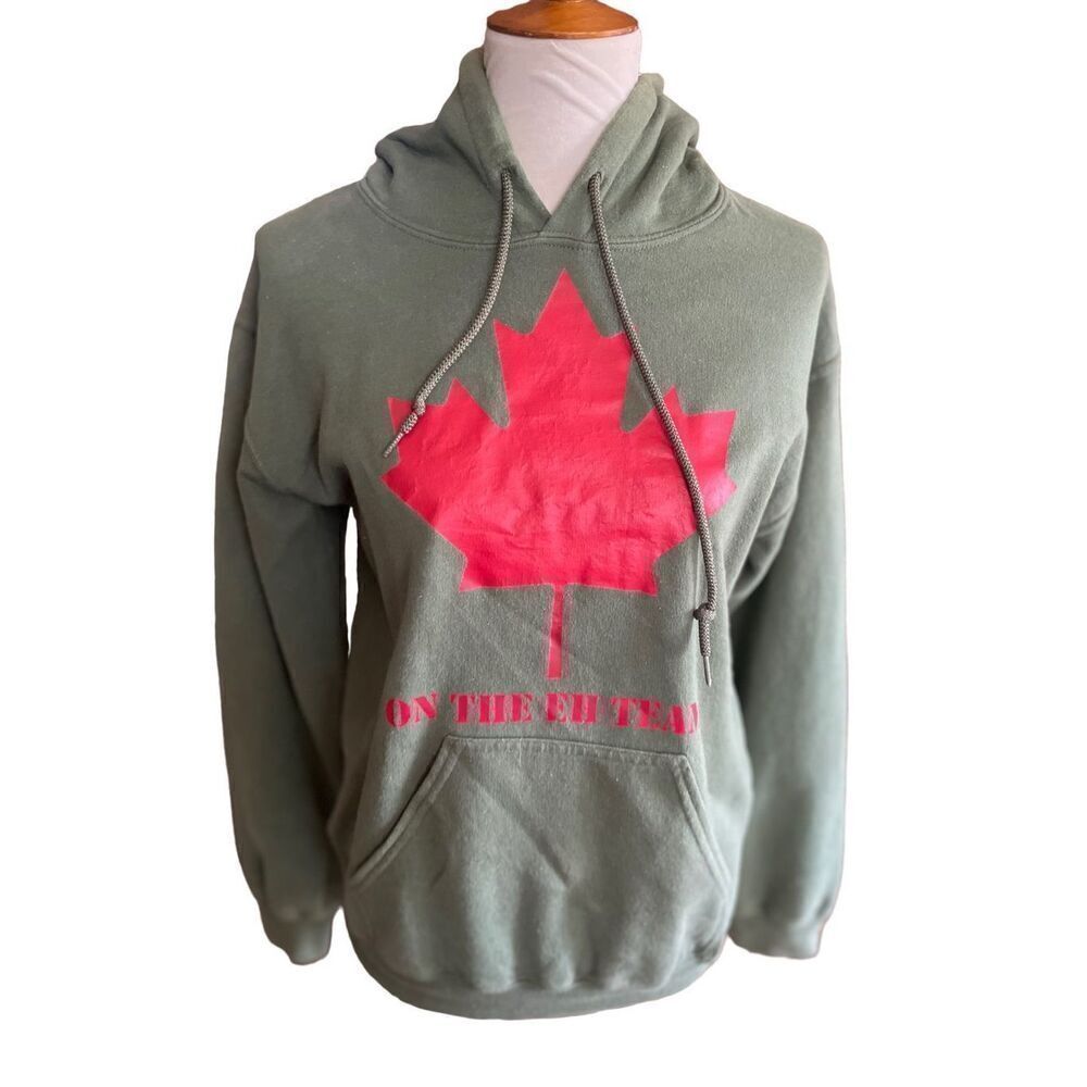 Canada Hoodie “On The Eh Team” Army Green With Red Leaf Gildan Size Small